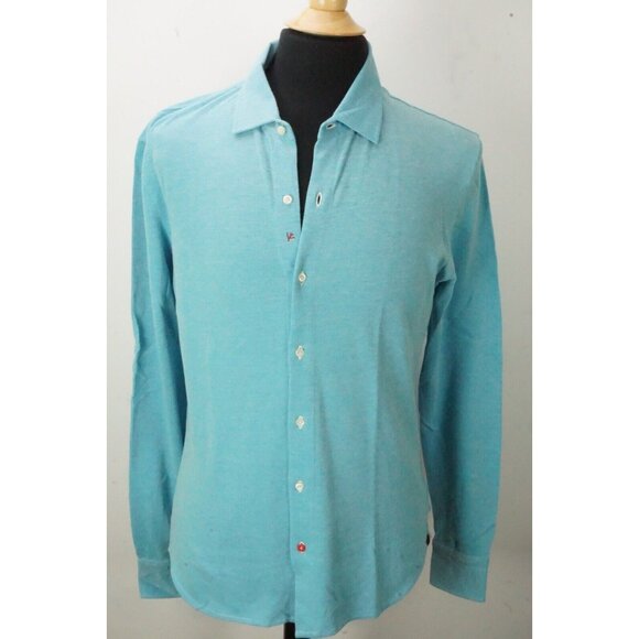 Isaia Solid Blue Green Woven Long Sleeve Cotton Button Up Polo Shirt M BRAND NEW